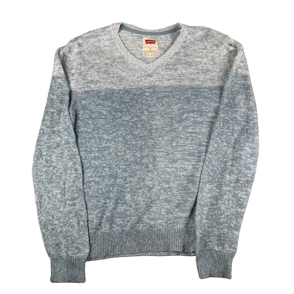 Levis Sweater Mens Medium Light Blue Marled Knit V Neck Pullover Long Sleeve